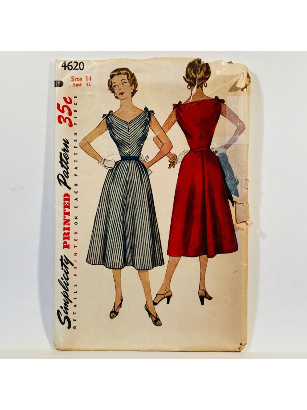 1950s Tie Shoulder Dress Vintage Sewing Pattern Simplicity 4620 Bust 32 Uncut